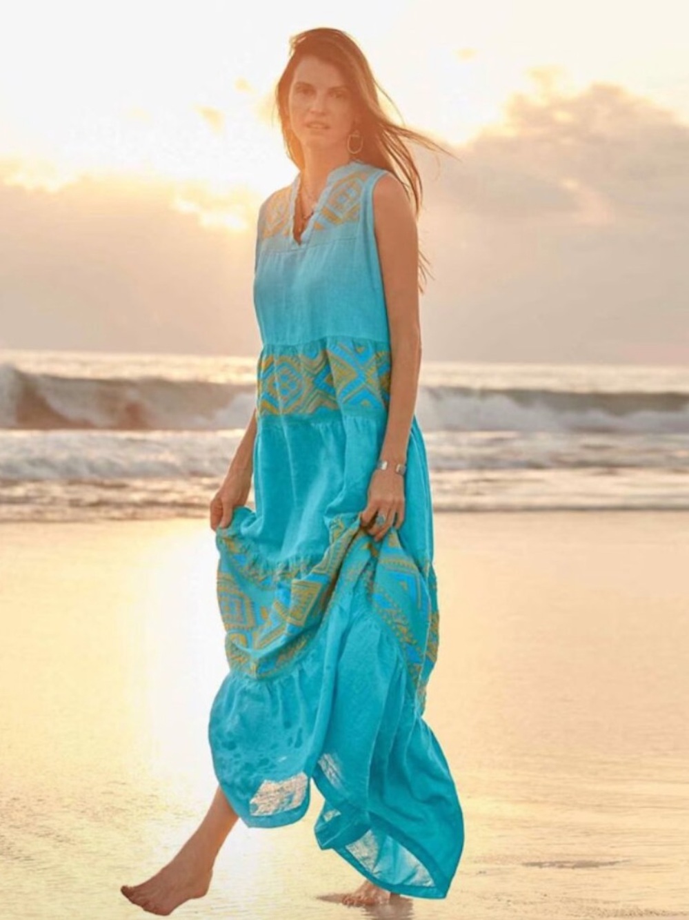 Sleeveless Turquoise Maxi Dress with Gold Embroidery